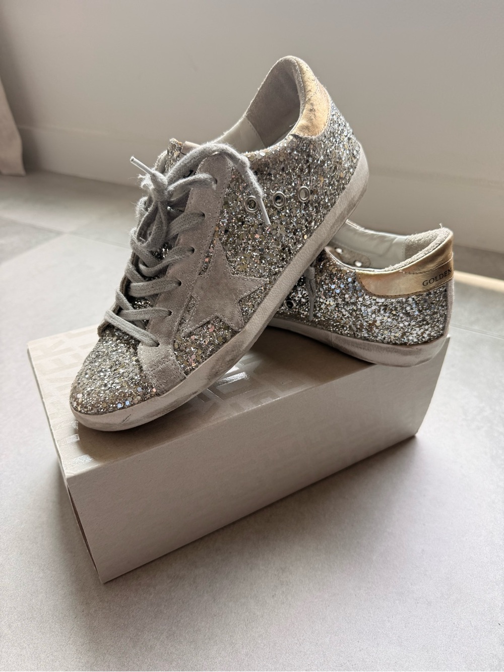 Golden Goose Ball Star- Silver Glitter Low-Top Sneakers with Gold Heel Tab